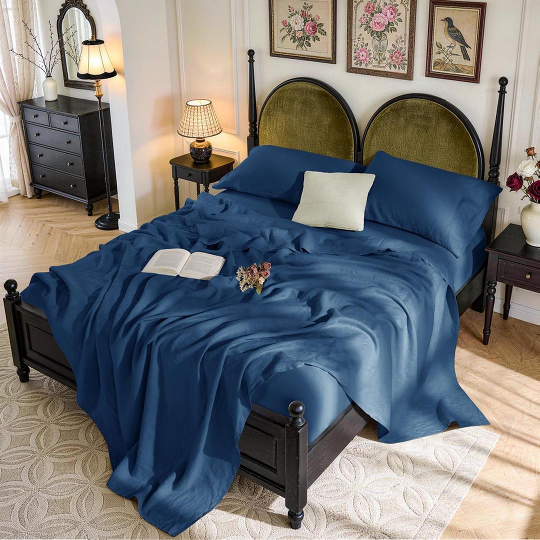 SONORO KATE 100% French Pure Linen Sheets, Breathable and Durable Linen King Size Sheets, Anti-Tear Linen Bed Sheets, Machine Washable, 16 Inch Deep Pocket - 4 Piece (Navy Blue, King)