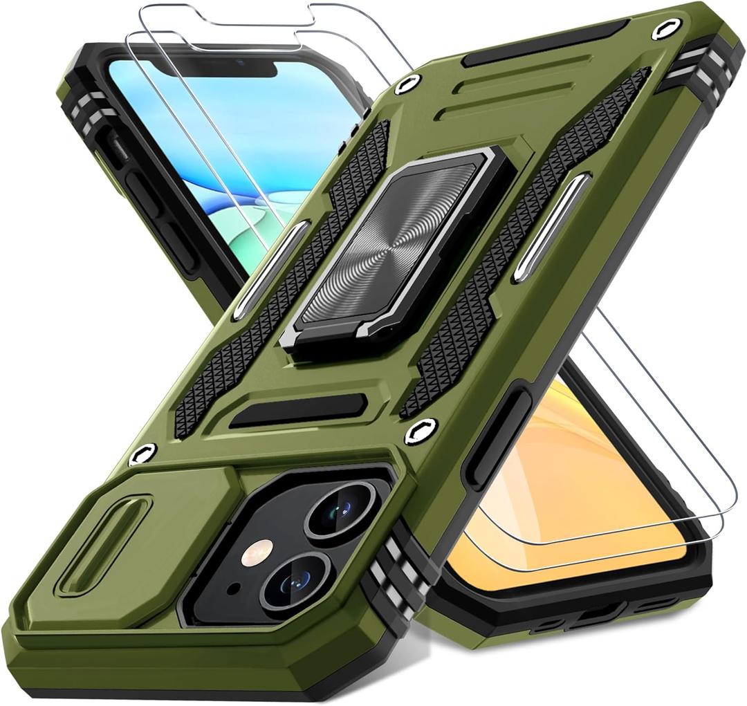 DEERLAMN Case for iPhone 11 with Slide Camera Cover+Screen Protector(2 Packs),Rotated Ring Kickstand Military Grade Shockproof Protective Cover-Olive Green