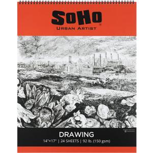 SoHo Urban Artist Softcover Drawing Pad - 14"x17", 12 Pack w/288 Sheets Total - 92 lbs/150gsm, Mixed Media, Dual-Sided, Acid-Free, Wire-Bound, Micro-Perforated, Repeated Erasing & Reworking