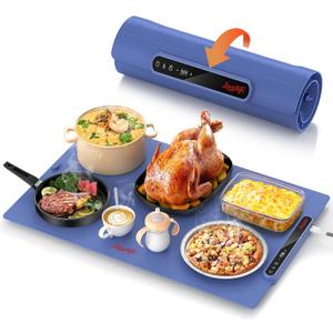 Laudlife Electric Warming Mat for Food, Roll-Up Silicone Heating Pad with 7 Adjustable Tempmaster Levels, Foldable Warming Tray for Countertop,Buffet Party, Kitchen & Home, Child Lock, Dark Bule (24x16 inch)