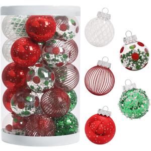 JIALEIXI 25PCS Christmas Ornaments Set, 2.36"/6CM Assorted Clear Plastic Shatterproof Ball Hanging Ornaments for Xmas Tree Decorations, for Indoor Home Holiday Decor - Red/Green/White.