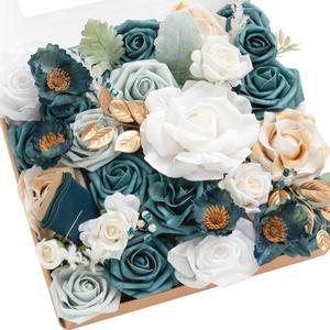 Ling's Moment Artificial Flowers Teal Glam Winter Combo for DIY Wedding Centerpieces Bouquets Combo Decorations (Grand, Grn-white & Teal)