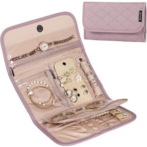 BELALIFE Travel Jewelry Case Organizer, Foldable Storage Roll for Earrings, Necklaces, Rings, Bracelets, Brooches, Peach Pink