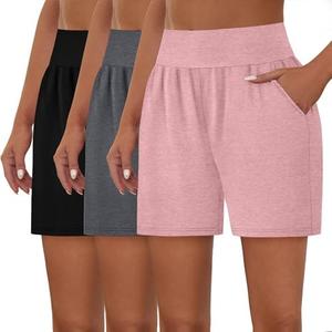 Neer 3 Pack Cotton Women's Athletic Shorts 5'' High Waisted Elastic Wide Leg Yoga Gym Workout Lounge with Pockets Large