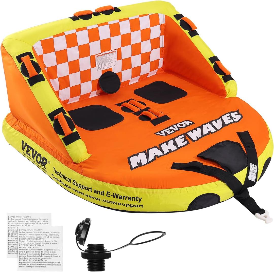 VEVOR Towable Tube for Boating, 1-2 Riders Inflatable Towable Tubes with Deck Seats and Backrest, 340 lbs Water Sport Tube for Boat to Pull, Full Nylon Cover, EVA Grab Handles and Speed Safety Valve