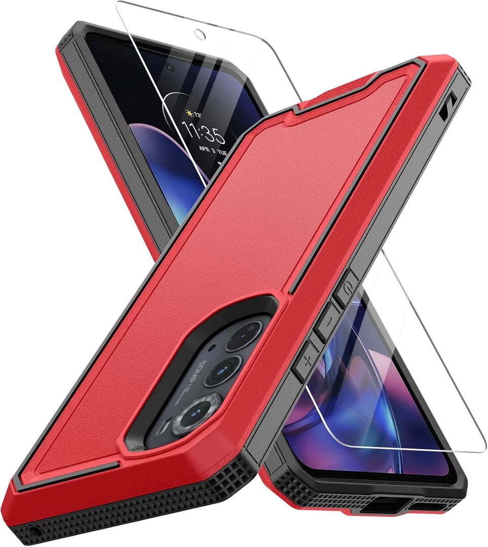 For Motorola Edge 2022 Case, Moto Edge 2022 Heavy Duty Case with Screen Protector, Military Grade Drop Proof Cover, Dual Layer Rugged Protective Shell (Red)