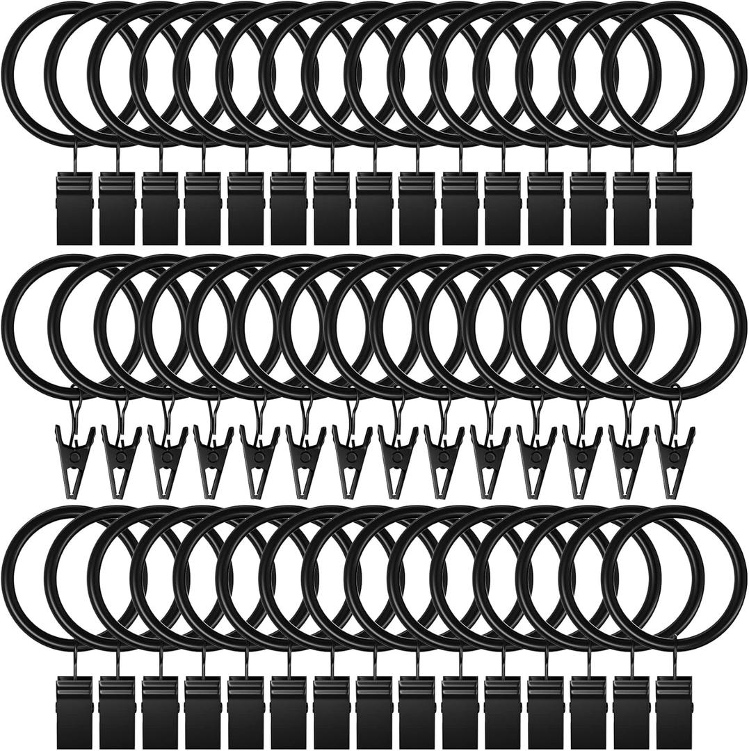 44 Pack Curtain Rings with Clips, Black Curtain Hooks Hangers 1" Interior Diameter, Metal Drapery Rings for Hanging Drapes Bows Tension Rod, Fits up to 5/8 in Curtain Rod