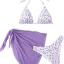 SHENHE Women's 3 Piece Floral Bikini Set with Wrap Coverup Halter Triangle Swimsuits, XL, Purple