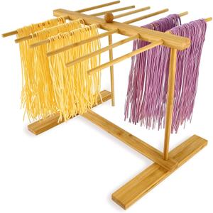 Bamboo-Pasta-Drying-Rack with Transfer Wand & 12 Arms, Large Collapsible Fresh Pasta Dryer Holder for Homemade Noodle, Spaghetti, Tagliatelle, Detachable Fettuccine Hanger Stand with 12 Bars