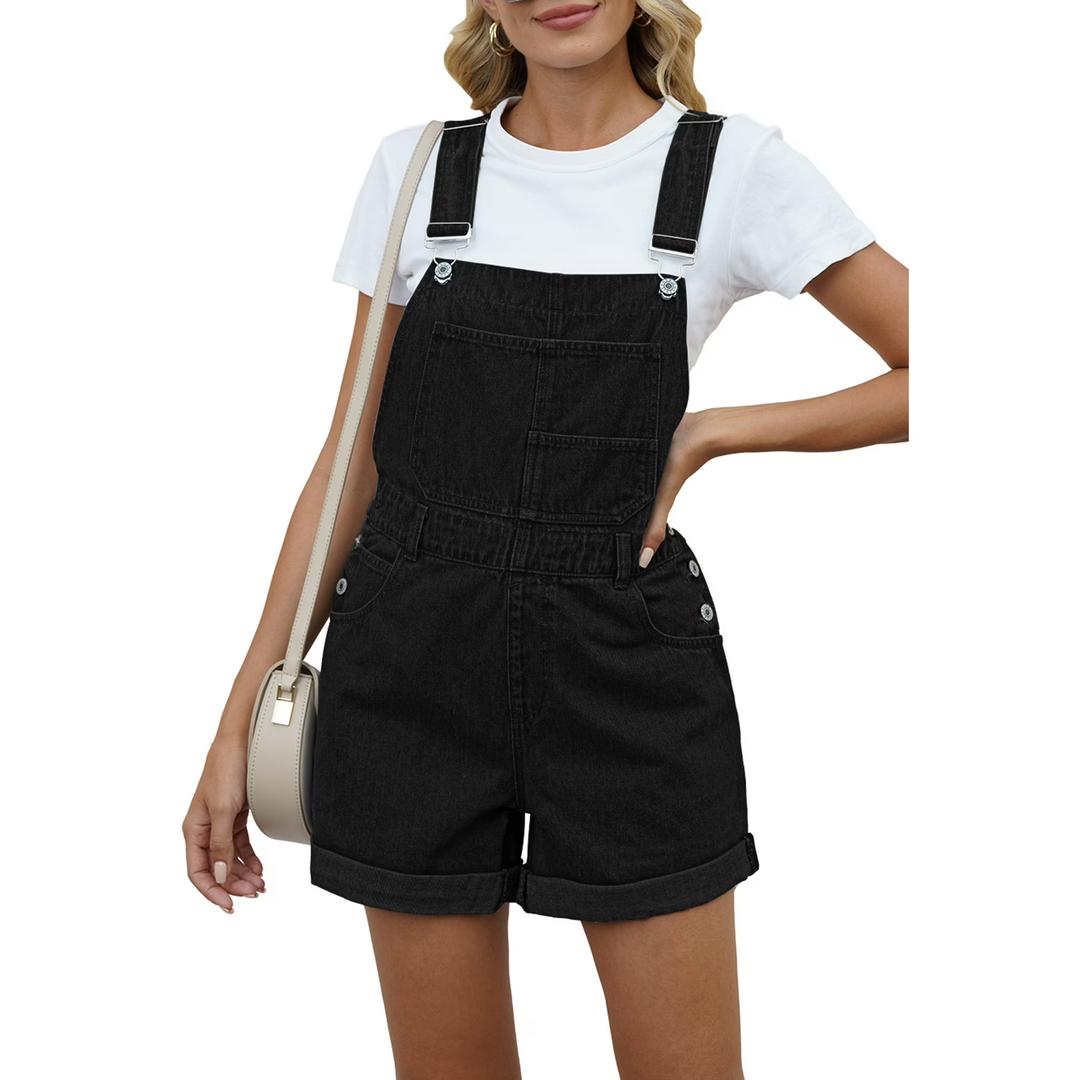 Pink Queen Women's Denim Classic Adjustable Straps Cuffed Hem Bib Overalls Shortalls L