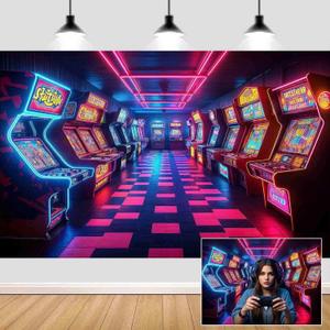 10X8ft Retro Game Arcade Backdrop Gaming Video Game Night Photography Background Game Themed Birthday Party Decorations Banner Supplies (Multi)