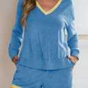 Tankaneo Womens V Neck 2 Piece Pajama Short Sets Color Block Loose Fit Long Sleeve Shirt and High Waisted Shorts Lounge Sets (Small, Blue)