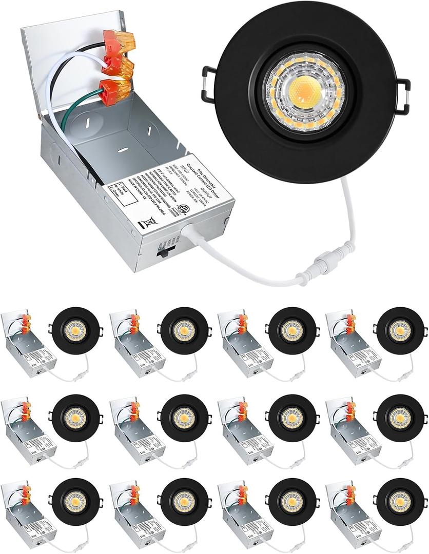 POPANU Premium 3-Inch Gimbal LED Recessed Light Canless Downlight Rotatable Spotlight with Junction Box, Eyeball Ceilling Potlight, Dimmable, 8W 5CCT Adjustable, Black Round Trim, 12 Pack