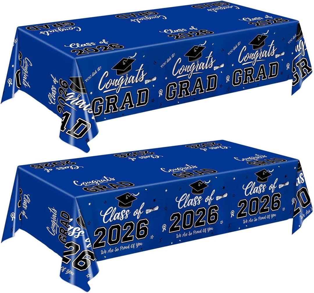 QIYANPAX Graduation Decorations 2026, Class of 2026 Graduation Tablecloth, 2 Pack Disposable Plastic Blue Tablecloths for Congrats Grad Party Decorations Banner, 54 x 108 Inch