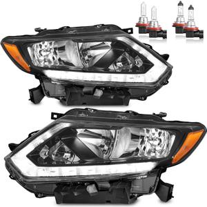 Halogen Headlights Assembly with LED DRL Strip for 2014-2016 Rogue Headlamp Replacement Driver & Passenger Side (NO PROJECTOR)