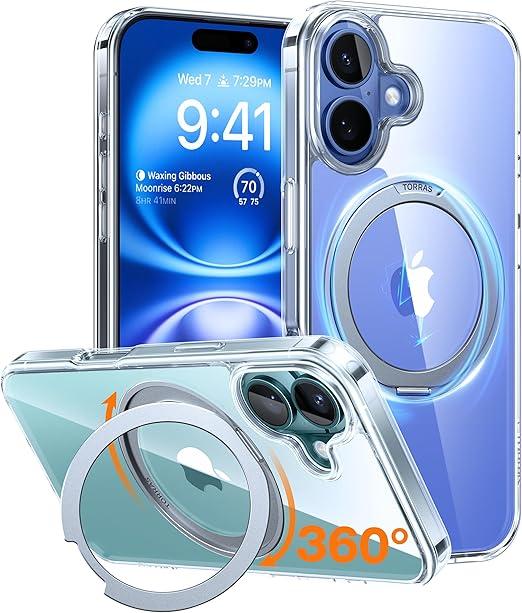 TORRAS 360Rotatable Magnetic Ring for iPhone 16 Plus Case, Fit for MagSafe with Stand & Ring Holder, 16FT Military Grade Shockproof Translucent Back Case for iPhone 16 Plus Phone Case Ostand, Clear
