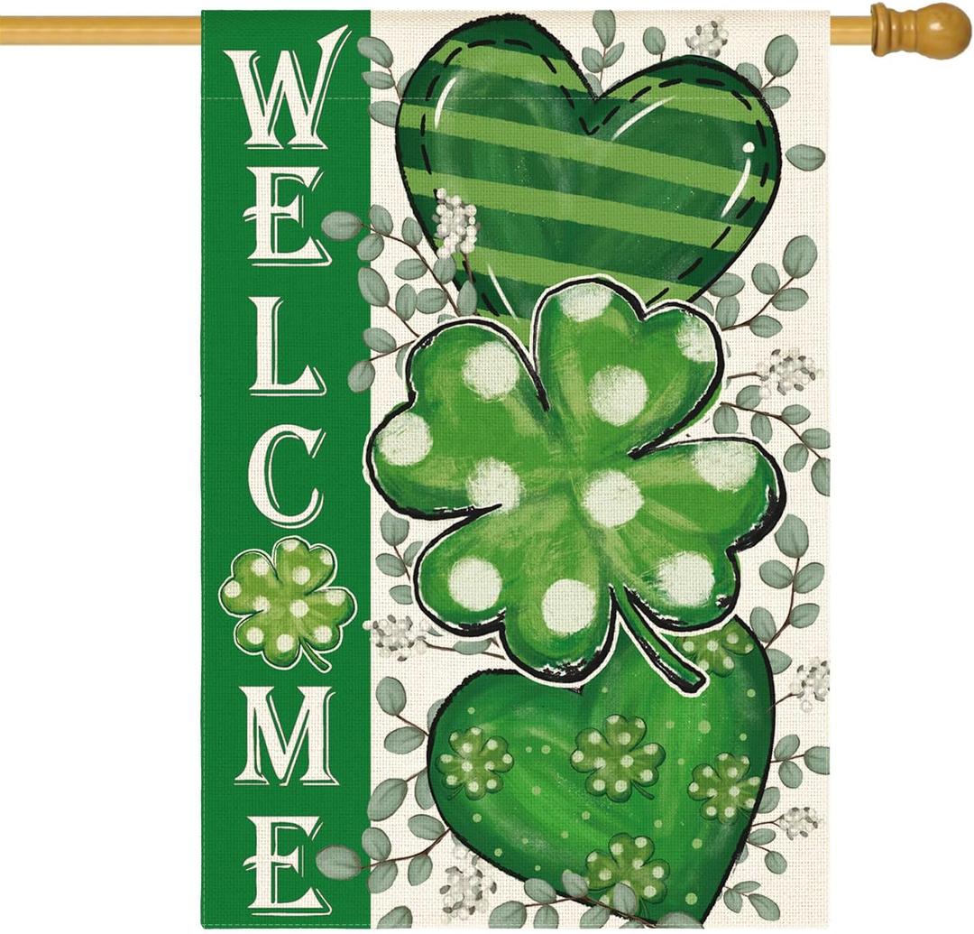 AVOIN colorlife St Patricks Day House Flag 28x40 Inch Double Sided Outside, Shamrocks Clovers Hearts Welcome Yard Outdoor Decoration