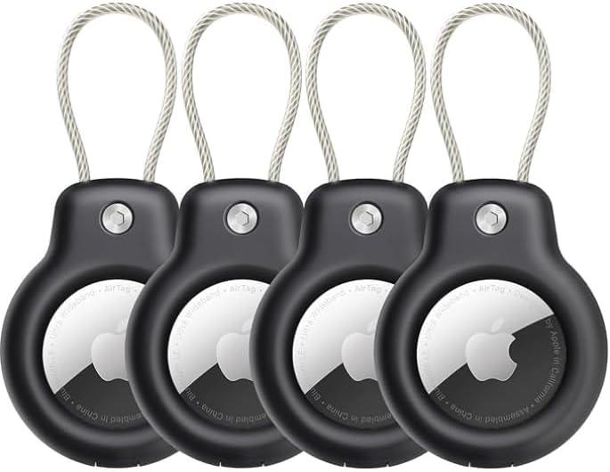 Compatible with Apple AirTag - Secure Holder with Wire Cable (4 Pack), AirTag Lock Case Keychain with Key Ring - Luggage Tag for Keys, Backpacks, Kids Items & More - Unisex Anti-Lost Keychains