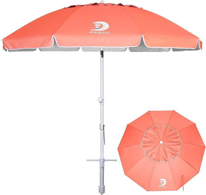 AMMSUN 8 Feet Large Beach Umbrella with Sand Anchor Heavy Duty High Wind Portable Outdoor Umbrellas UV 50+ Protection Air Vent Tilt Patio Garden Pool