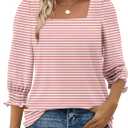 Women Dressy Shirt 3/4 Sleeve Blouse Casual 2025 Fall Fashion Top Square Neck Pleated Loose Fit Business Basic Top (Pink, S)