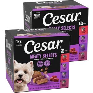 Cesar Classic Loaf in Sauce Wet Dog Food, Beef Recipe, Filet Mignon Flavor, Grilled Chicken Flavor, and Porterhouse Steak Flavor, 3.5 oz. Easy Peel Trays, Variety Pack (24 Count, Pack of 1) (EXP 12/01/27)