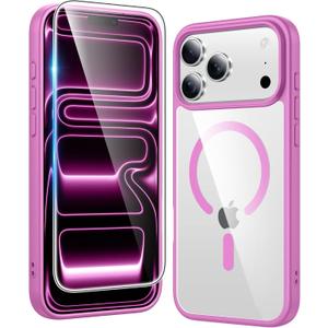 FNTCASE for iPhone 17 Pro-Max Case: Clear Magnetic Phone Cases with Screen Protector Compatible with Magsafe Slim Anti Yellowing Rugged Shockproof Protective Transparent Cell Phone Cover (B-Pink)