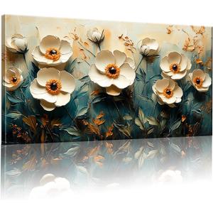 GYJAGHL 3D Canvas Wall Art, White with Orange Peony Flower, Textured Oil Painting Style, Framed Abstract Floral Wall Art for Living Room Decor White Orange Yellow Modern Daisy Artwork Canvas Prints Bedroom Kitchen Office Modern Painting Home Decor 20" x 40"