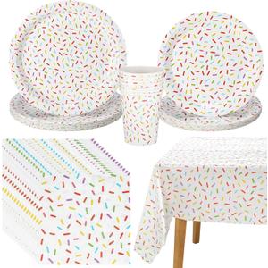 Newtay 97 Pcs Confetti Sprinkles Tableware Set Include Plastic Tablecloth 24 Paper Napkins 24 Large Plates 24 Small Plates 24 Paper Cups for Sprinkle Party Decorations Wedding Birthday Supplies