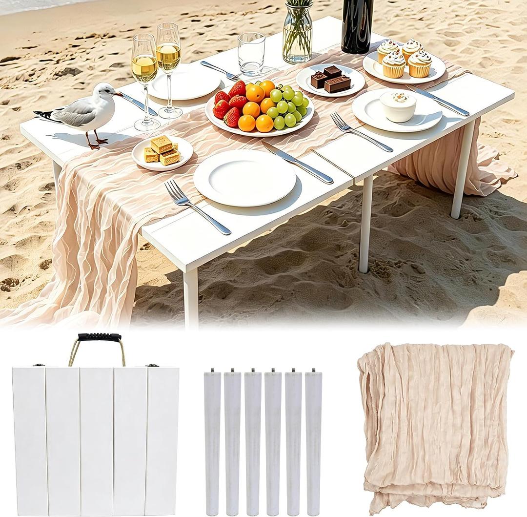 43" x 22" Folding Picnic Table, Portable Wooden Table with Handle, Long Table Runner, Boho Outdoor Low Table Set for Beach, Camping, Yard, Wedding, Party (Beige), 43" x 22" x 14.6"