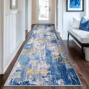 RELEANY Washable Area Rugs 2'x8' Non-Slip Modern Abstract Soft for Living Room Entryway Bedroom Nursery, Print Pattern, Grey Blue Gold/Golden