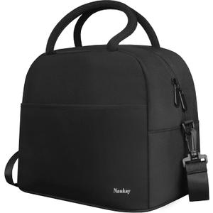 Naukay Large Lunch Bag Insulated Lunch Box for Women and Men, Light Durable Tote Bag with Adjustable Shoulder Strap for Office Work Picnic Hiking Beach Fishing-(Black)