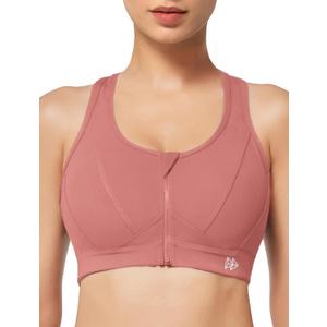Yvette Zip Front Sports Bra - High Impact Sports Bras for Women Plus Size Workout Fitness Running (Medium, Rose Red)
