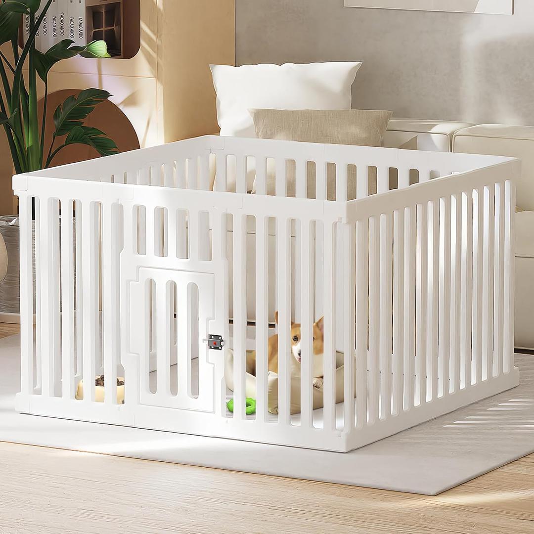 Dog Playpen with Locking Door - 12 Panel Indoor Puppy Play Pen & Pet Fence, 25.6 Inch Height Portable Playpen for Small Medium Dogs & Cats, Easy Set Up, Durable Plastic, White
