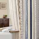 Nave Blue Boho Shower Curtain for Bathroom,Beige Linen with Striped Print and Twine-Inspired Woven Center,72" W x 72" L
