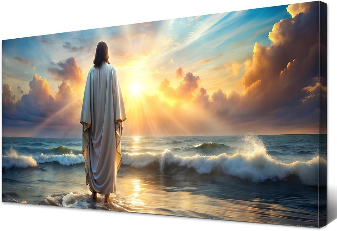 Large Jesus Canvas Wall Art Jesus Walking on Water Wall Decor for Living Room Office Inspirational Christian Picture Prints Sunset Ocean Coastal Painting Religious Poster Artwork Decorations 24x48”