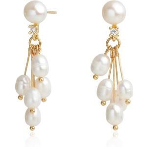 Handmade Freshwater Cultured White Pearls Cluster Dangling Drop Earrings for Women, 14K Gold Plated