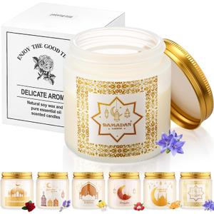 Lyrow 7 Pcs Ramadan Gifts for Women Men Ramadan Mubarak Candles 3.5 oz Scented Soy Wax Candle Islamic Muslim Candles Islamic Party Favors Gifts for Home Muslim Islam Festival Decor (White Gold)