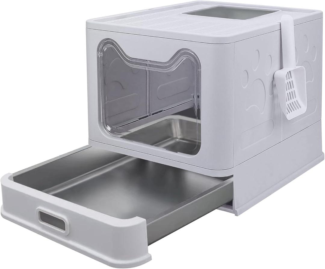 Tokenkuko Stainless Steel Foldable Enclosed Cat Box with Lid, Front Entry Top Exit Cat Box, Large Box with Cat Scoop, For Small to Large Cats (Gray)