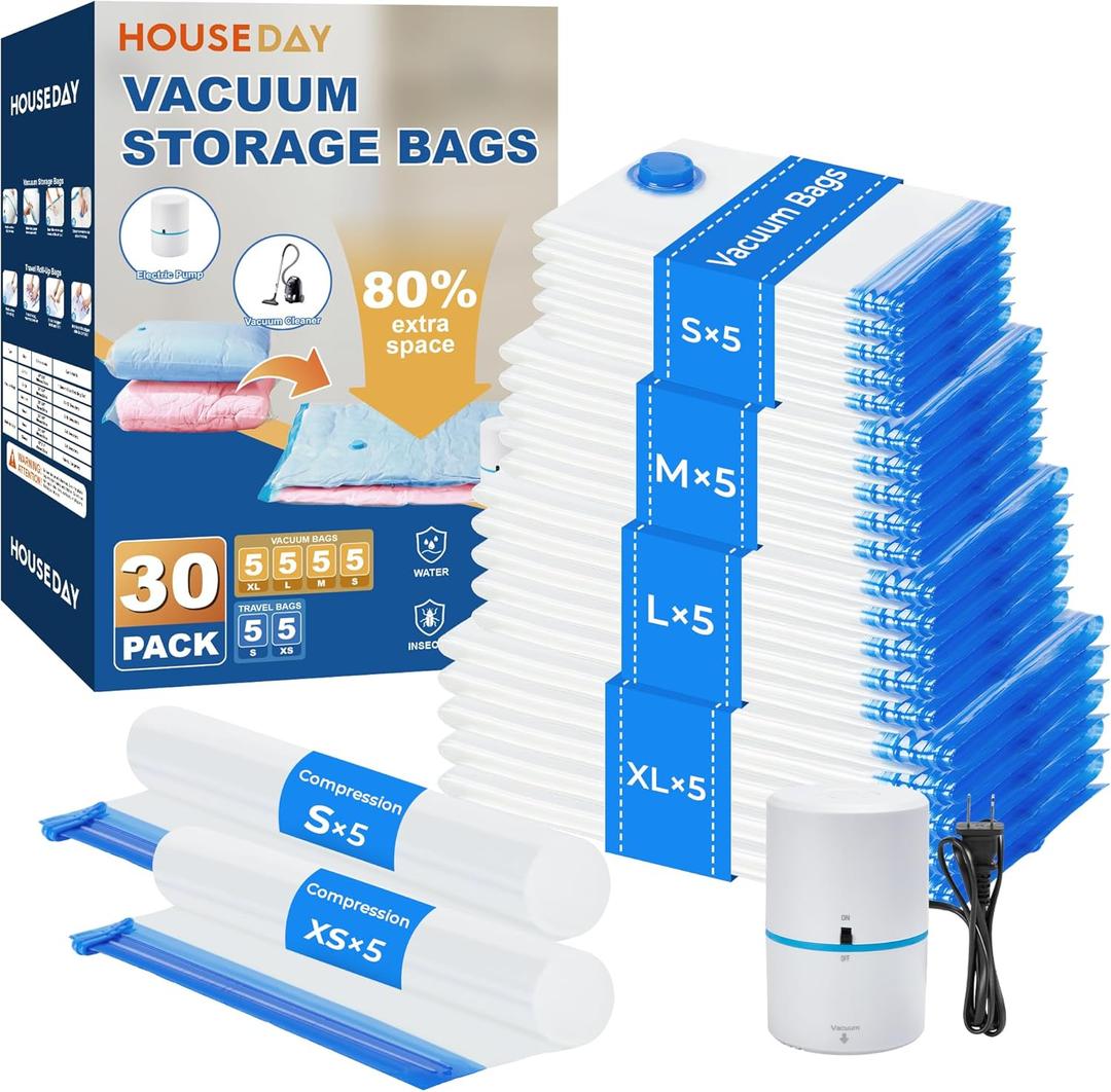 HOUSE DAY 30 Pack Vacuum Storage Bags with Electric Pump, 4 Sizes + 2 Roll-Up (5 Each), Space Saver Vacuum Seal Bags for Clothing, Bedding, Pillows, Travel  Airtight Seal, Reusable & Durable