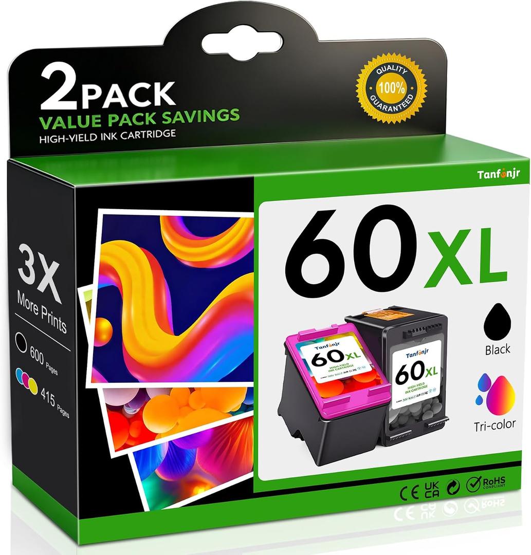 60XL Ink Cartridges Combo Pack Replacement for HP Ink 60 60 XL Work for PhotoSmart C4780 C4680 C4795 C4640;Deskjet F4480 F4440 F2430 ;Envy 110 120 111 114 Printers (1 Black, 1 Tri-Color)