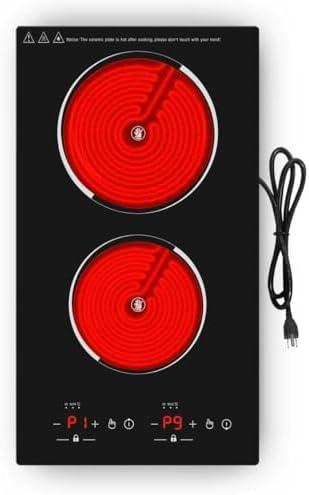 VBGK Electric Cooktop,12 Inch Built-in Radiant Electric Stove Top,110V 2100W 2 burner cooktop With 9 Heating Level, Timer & Kid Safety Lock, Sensor Touch Control 2 burner Induction Cooktop
