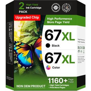 67XL Ink Cartridges Black/Color Combo Pack Replacement for HP Ink 67 67XL Printer Ink Works for HP DeskJet 4227e 2827e 2755e 2855e 2842e 2800 4155e 2755 2852e Envy 6055e 6000 6455e (1 Black, 1 Pink)