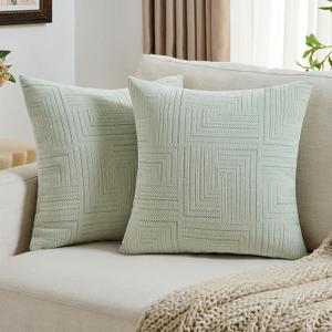 FUTEI Green Decorative Throw Pillow Covers 18x18 Inch Set of 2,Soft Cozy Chenille Geometric Textured Cushion Case,Home Decor for Couch Bed Living Room