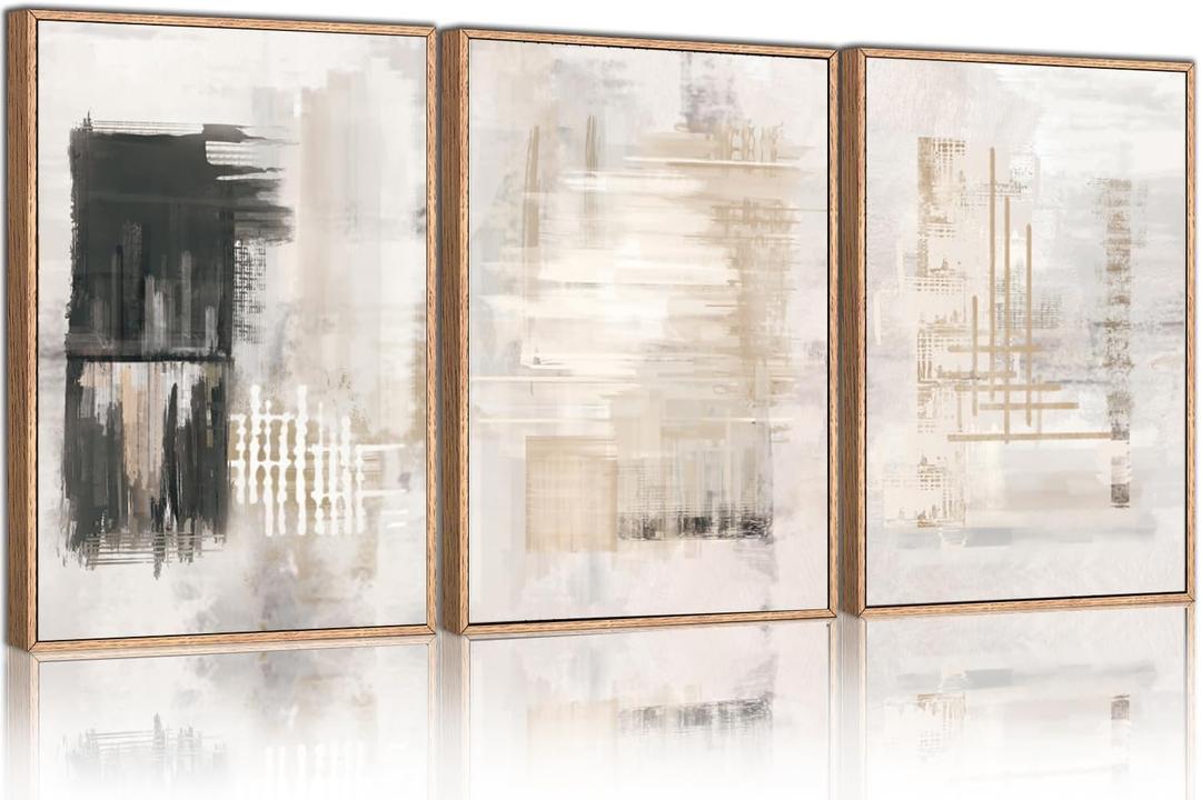 HPINUB Modern Abstract Canvas Wall Art, Set of 3 Framed Art Prints, Black and White Large Wall Painting, 16x24inch Neutral Minimalist Wall Decor for Living Room, Bedroom, Dining Room, Office, Bathroom (16"x24"x3, Abstract Black and White Wall Art)