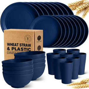 Teivio 32-Piece Kitchen Plastic Wheat Straw Dinnerware Set, Service for 8, Dinner Plates, Dessert Plate, Cereal Bowls, Cups, Unbreakable Colorful Plastic Outdoor Camping Dishes, Midnight Blue
