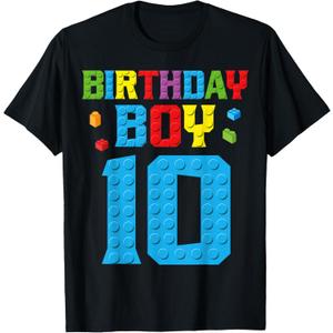 Master Builder 10th Birthday Boy Ten 10 Year Building Bricks T-Shirt (Small, Black)