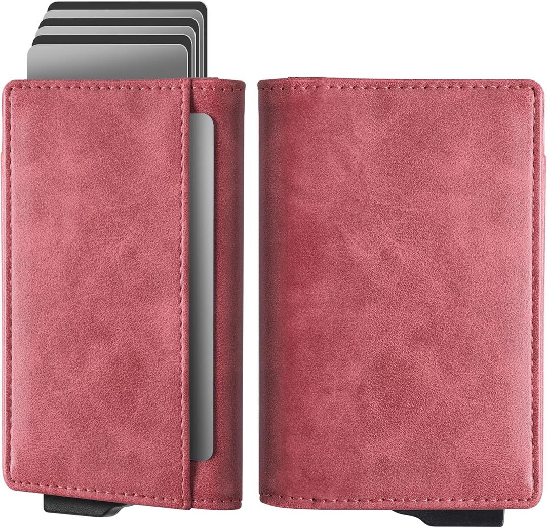 Navaris Pop Up Wallet with Inner Slots - Pop-Up RFID Blocking Card Holder w Cash Pocket - Slide Modern Trigger Wallet - Holds 10 Cards - Metal RFID Smart Wallets for Men (red, design 2)