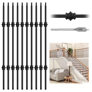 10 Pack 36" x 1/2" Wrought Iron Balusters for Staircase Interior, Hollow Stair Baluster, Double Collar Stair Railing Indoor Spindles Banister with 1 Drill Bit