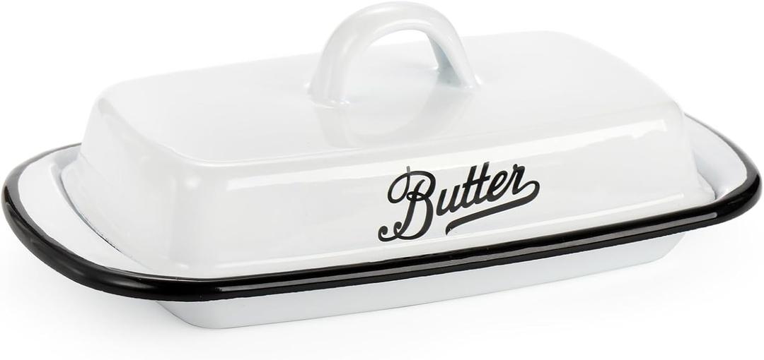 Enamel Butter Dish with Lid, Vintage Enamelware White Butter Tray Black Rim Butters Holder, Unbreakable Metal Butters Keeper Container with Cover for Countertop, Refrigerator