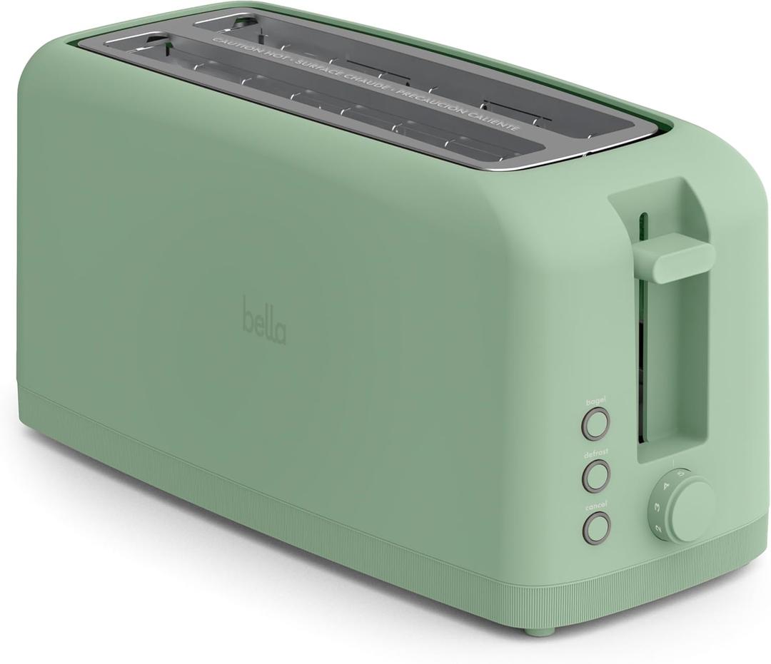 bella 4 Slice Slim Toaster, Fits-anywhere Kitchenware, 6 Setting Shade Control with Reheat & Cancel Buttons, Fits Sourdough, 10 Long Slot, Anti Jam & Auto Shutoff, 900 Watt, Seaglass